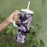 Monstera Plumeria Flowers Purple Tumbler With Handle Polynesian Pattern