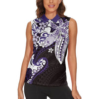 Monstera Plumeria Flowers Purple Women Sleeveless Polo Shirt Polynesian Pattern