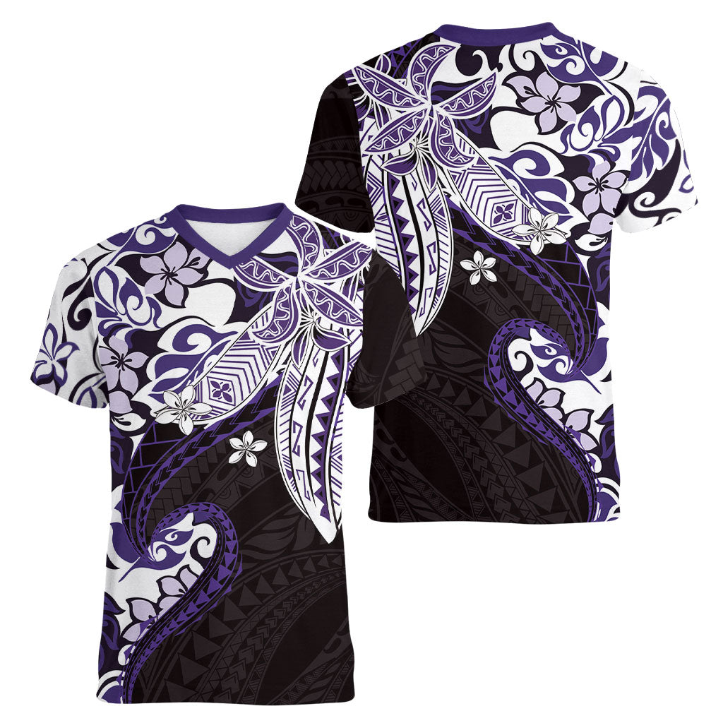 Monstera Plumeria Flowers Purple Women V-Neck T-Shirt Polynesian Pattern