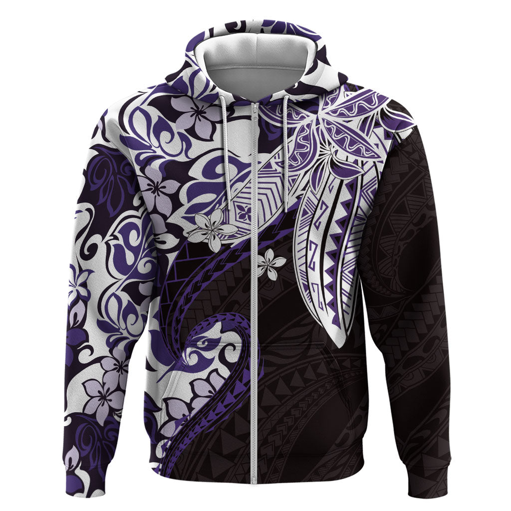 Monstera Plumeria Flowers Purple Zip Hoodie Polynesian Pattern