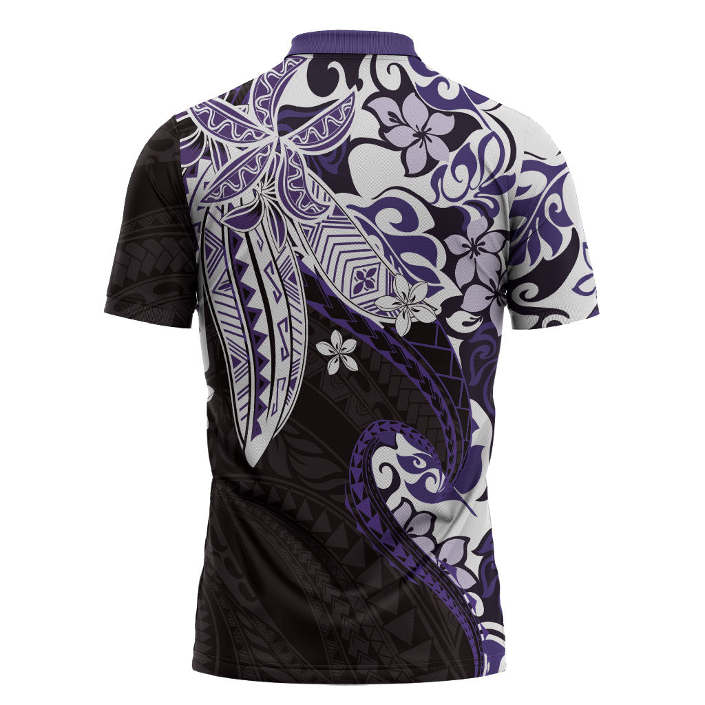 Monstera Plumeria Flowers Purple Zipper Polo Shirt Polynesian Pattern LT01 - Polynesian Pride