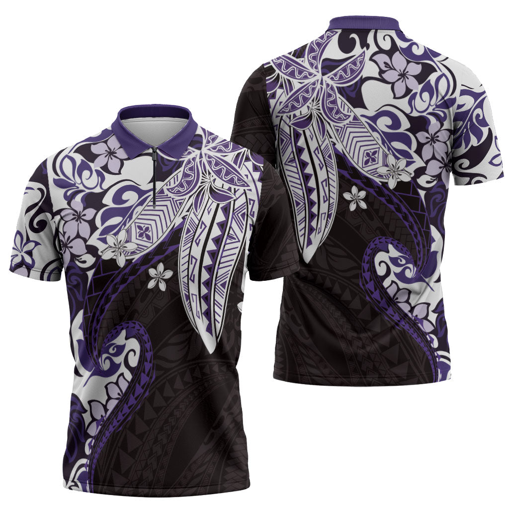 Monstera Plumeria Flowers Purple Zipper Polo Shirt Polynesian Pattern LT01 - Polynesian Pride