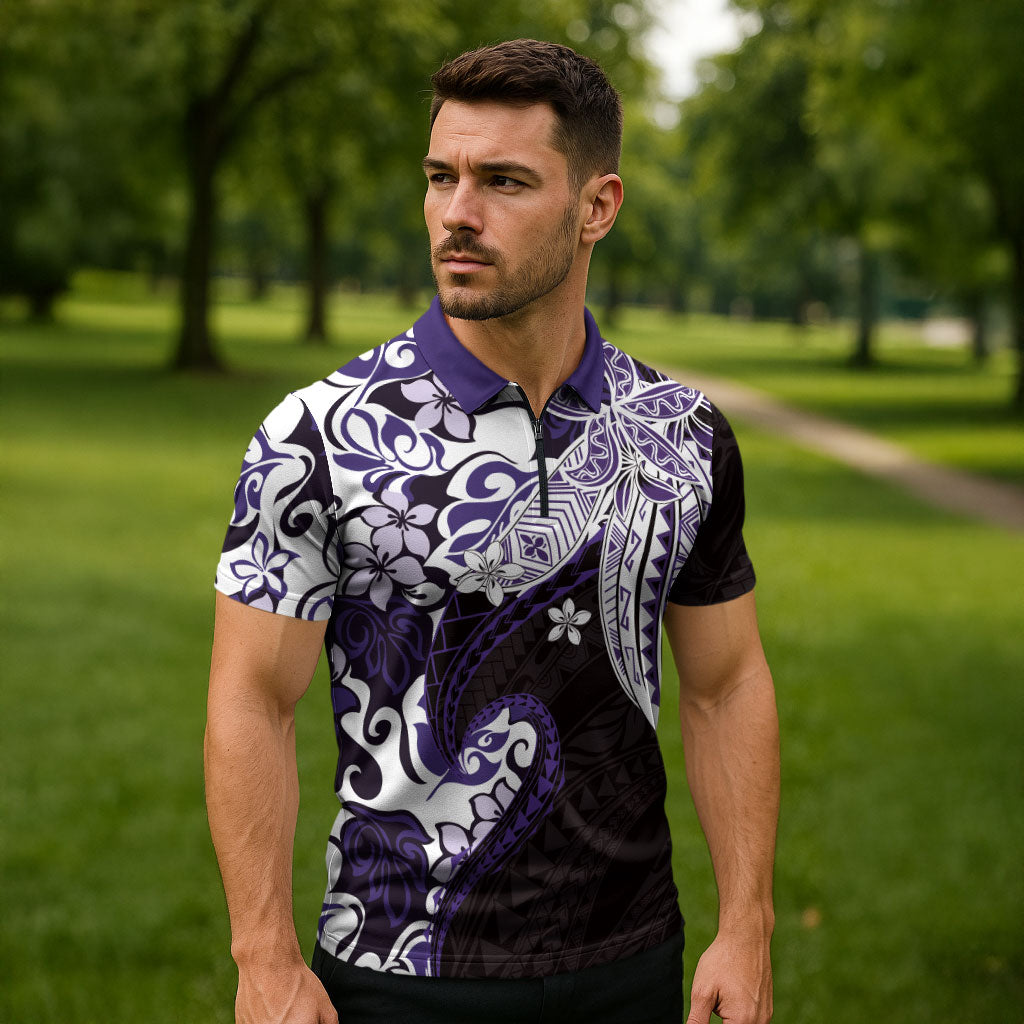 Monstera Plumeria Flowers Purple Zipper Polo Shirt Polynesian Pattern LT01 - Polynesian Pride
