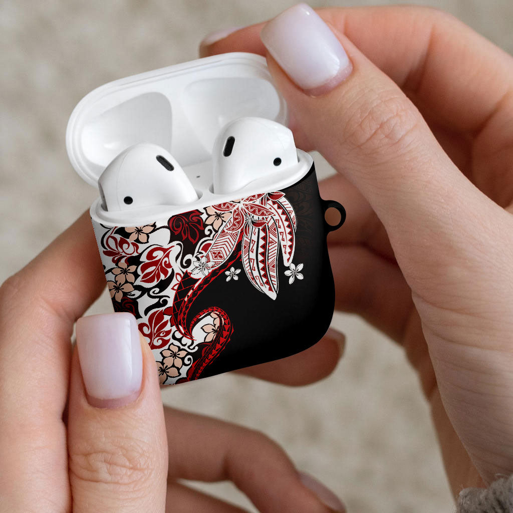 Monstera Plumeria Flowers Red AirPods Case Polynesian Pattern