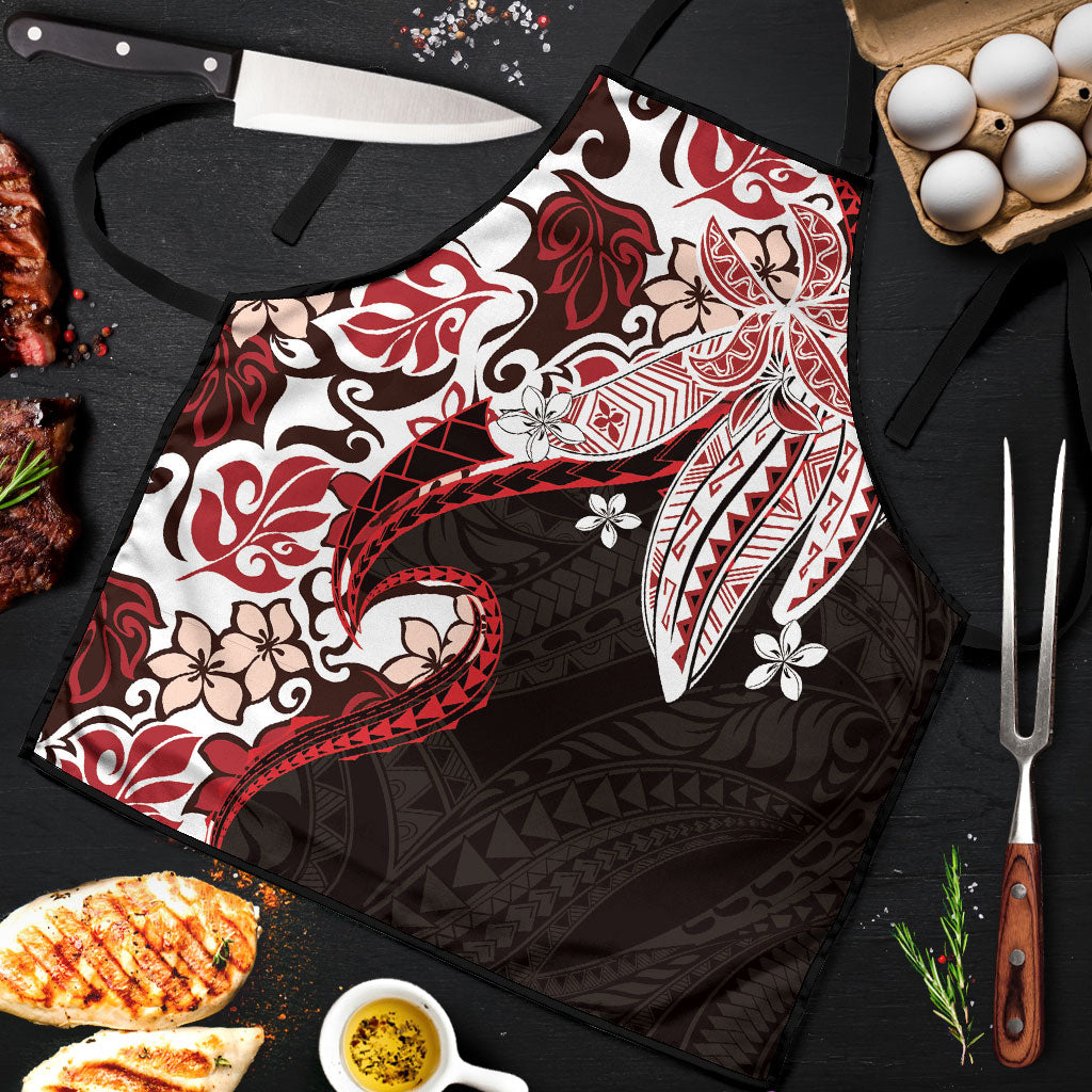 Monstera Plumeria Flowers Red Apron Polynesian Pattern