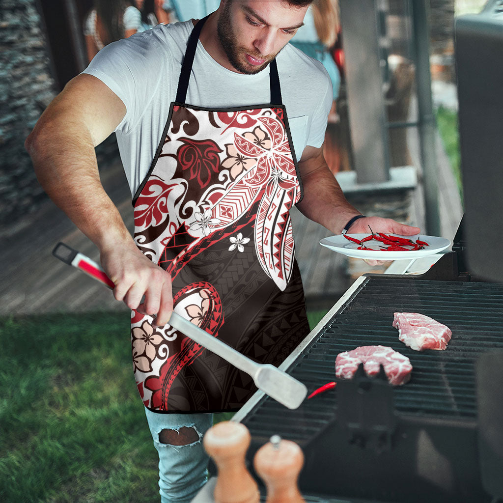 Monstera Plumeria Flowers Red Apron Polynesian Pattern