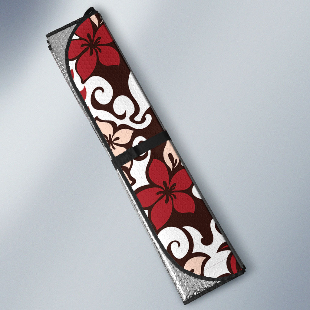 Monstera Plumeria Flowers Red Auto Sun Shade Polynesian Pattern
