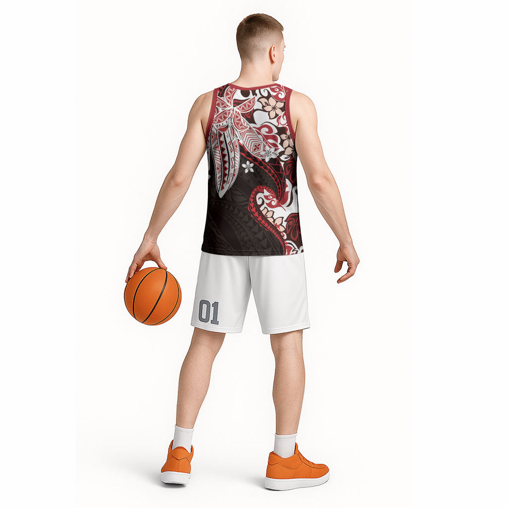 Monstera Plumeria Flowers Red Basketball Jersey Polynesian Pattern