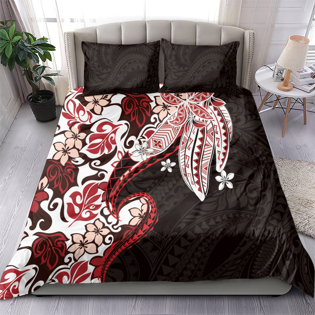 Monstera Plumeria Flowers Red Bedding Set Polynesian Pattern