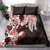 Monstera Plumeria Flowers Red Bedding Set Polynesian Pattern