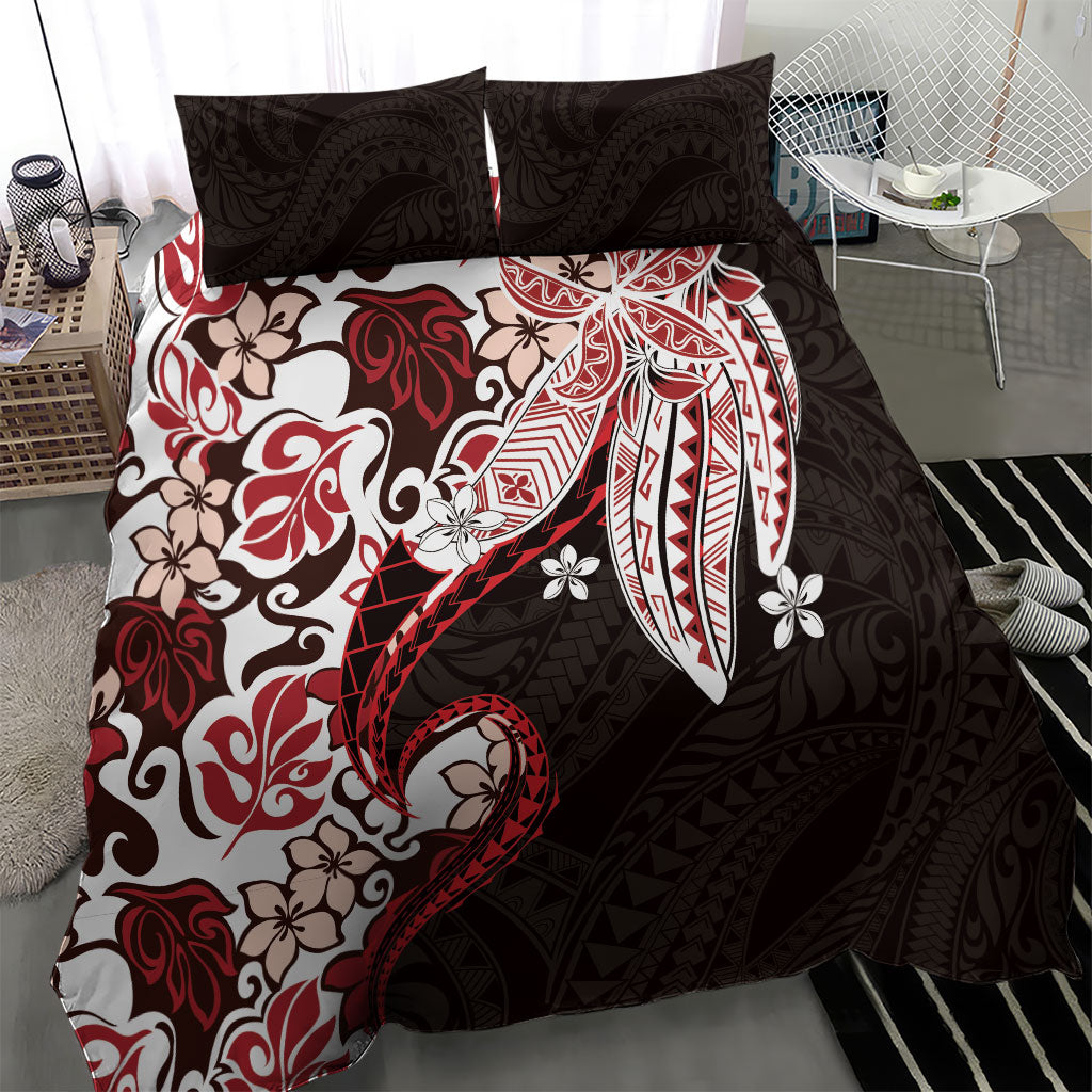 Monstera Plumeria Flowers Red Bedding Set Polynesian Pattern