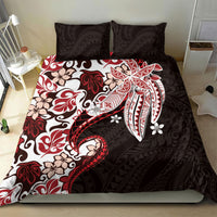 Monstera Plumeria Flowers Red Bedding Set Polynesian Pattern