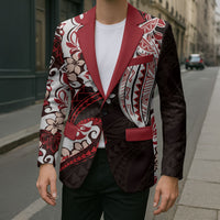 Monstera Plumeria Flowers Red Blazer Polynesian Pattern