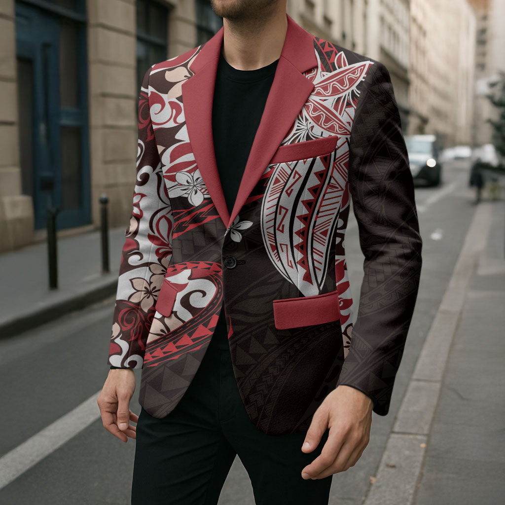 Monstera Plumeria Flowers Red Blazer Polynesian Pattern