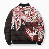Monstera Plumeria Flowers Red Bomber Puffer Jacket Polynesian Pattern