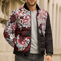 Monstera Plumeria Flowers Red Bomber Puffer Jacket Polynesian Pattern