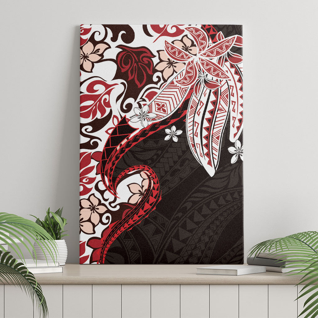 Monstera Plumeria Flowers Red Canvas Wall Art Polynesian Pattern