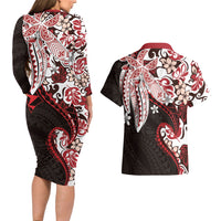 Monstera Plumeria Flowers Red Couples Matching Long Sleeve Bodycon Dress and Hawaiian Shirt Polynesian Pattern LT01 - Polynesian Pride