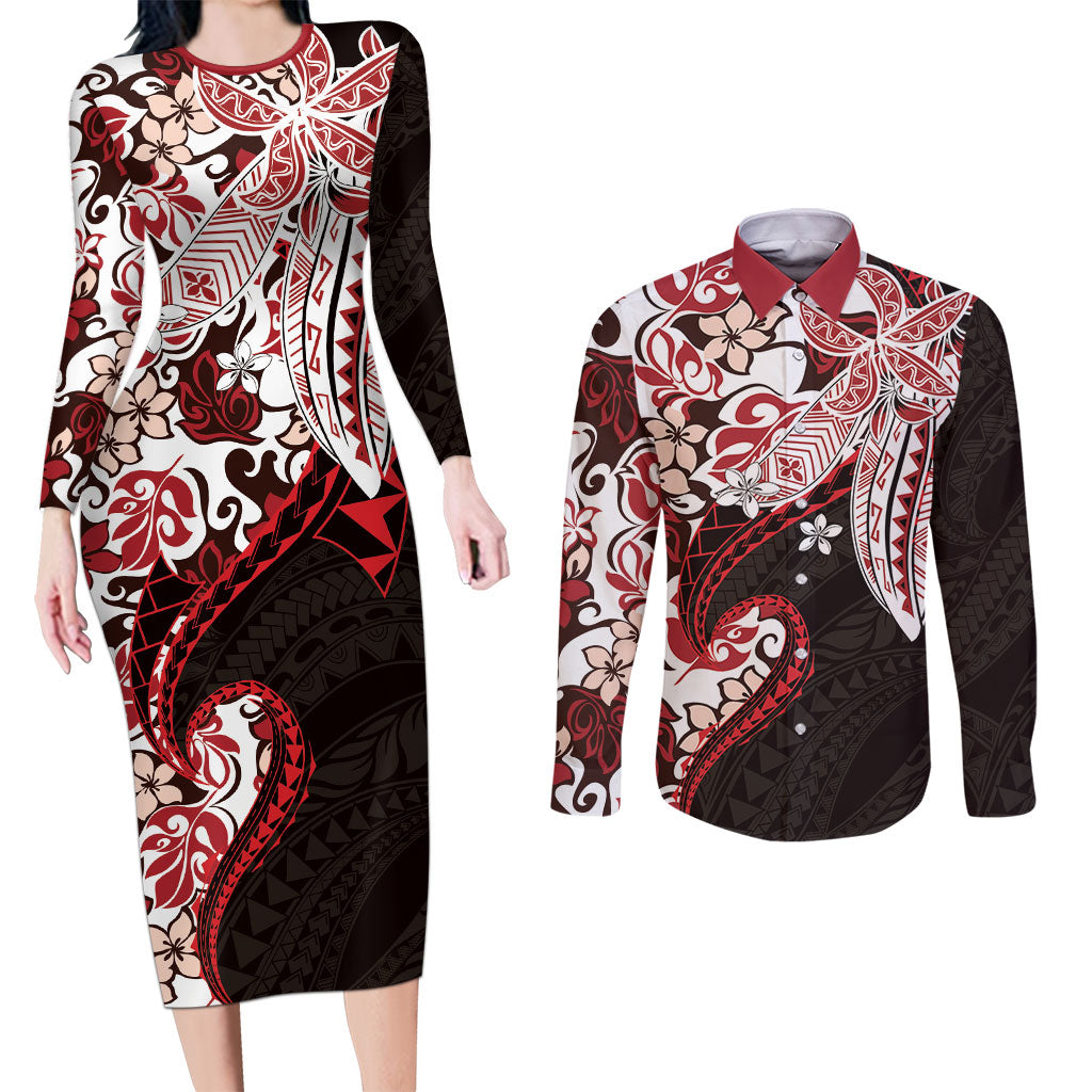 Monstera Plumeria Flowers Red Couples Matching Long Sleeve Bodycon Dress and Long Sleeve Button Shirt Polynesian Pattern