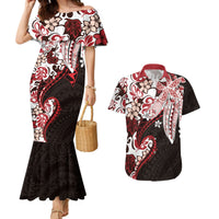 Monstera Plumeria Flowers Red Couples Matching Mermaid Dress and Hawaiian Shirt Polynesian Pattern