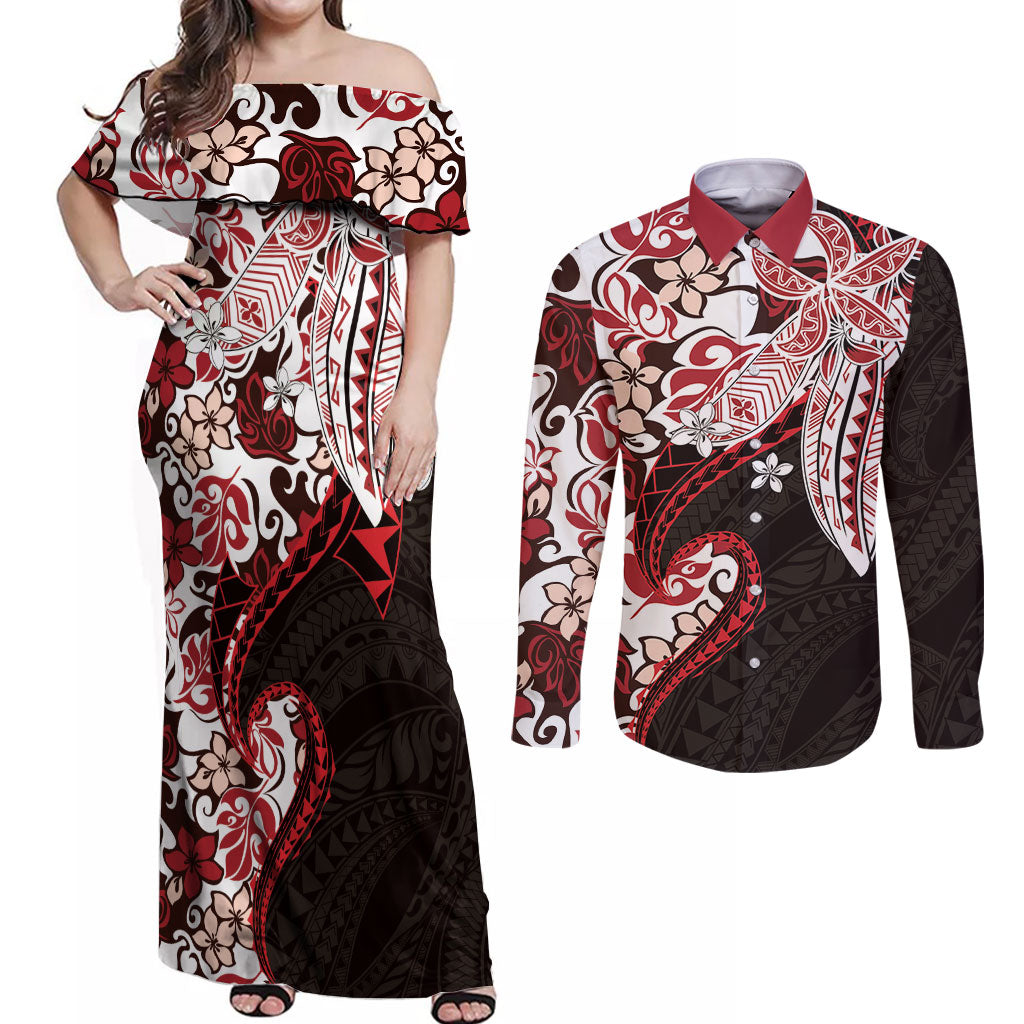 Monstera Plumeria Flowers Red Couples Matching Off Shoulder Maxi Dress and Long Sleeve Button Shirt Polynesian Pattern