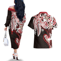 Monstera Plumeria Flowers Red Couples Matching Off The Shoulder Long Sleeve Dress and Hawaiian Shirt Polynesian Pattern LT01 - Polynesian Pride