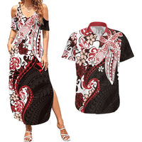 Monstera Plumeria Flowers Red Couples Matching Summer Maxi Dress and Hawaiian Shirt Polynesian Pattern