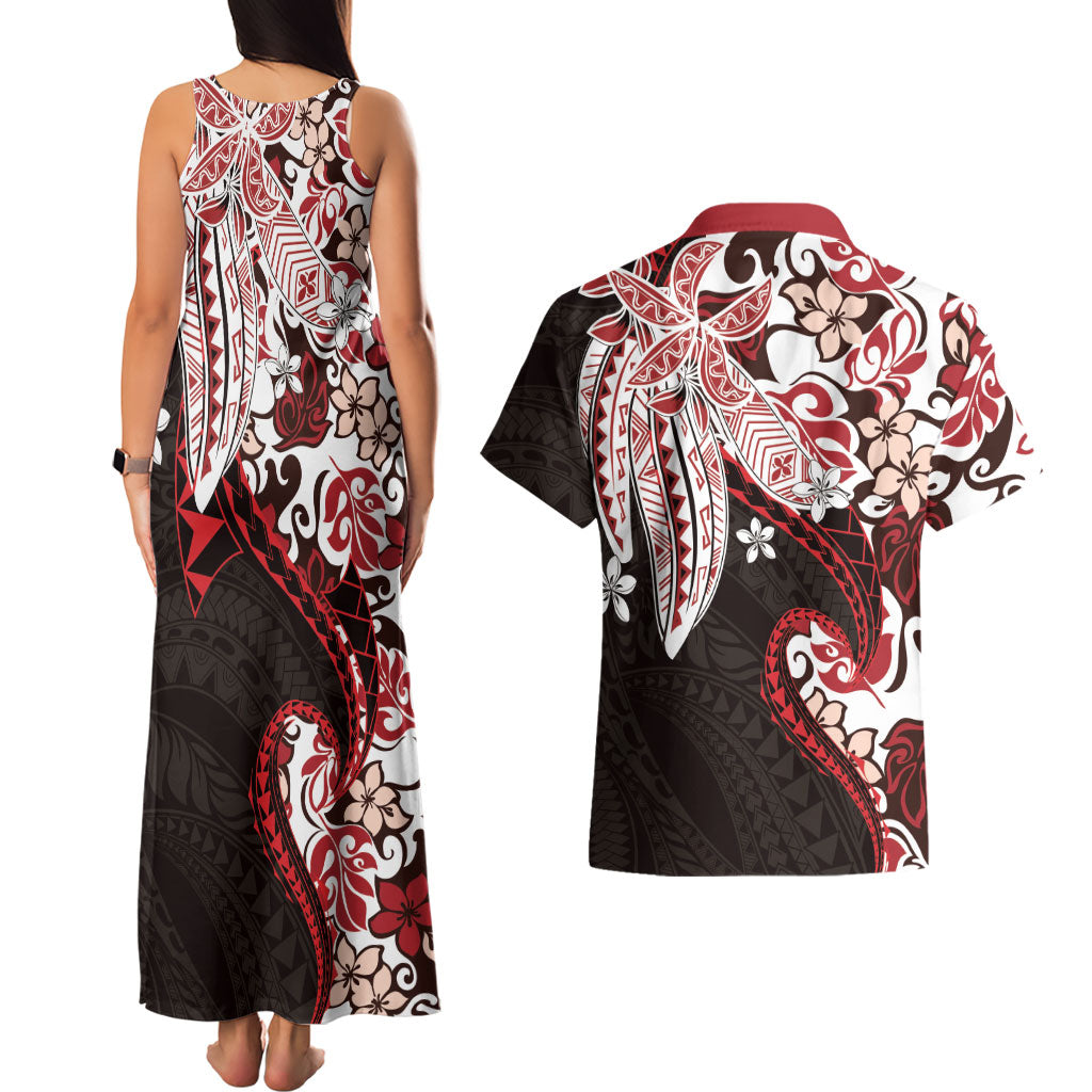 Monstera Plumeria Flowers Red Couples Matching Tank Maxi Dress and Hawaiian Shirt Polynesian Pattern