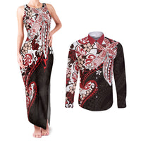 Monstera Plumeria Flowers Red Couples Matching Tank Maxi Dress and Long Sleeve Button Shirt Polynesian Pattern