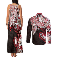 Monstera Plumeria Flowers Red Couples Matching Tank Maxi Dress and Long Sleeve Button Shirt Polynesian Pattern