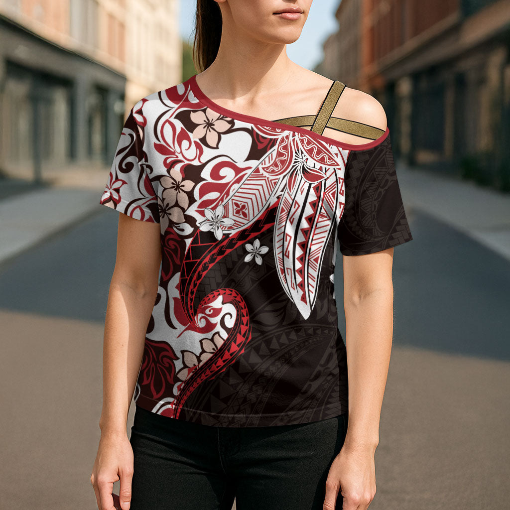 Monstera Plumeria Flowers Red Cross Shoulder Shirt Polynesian Pattern