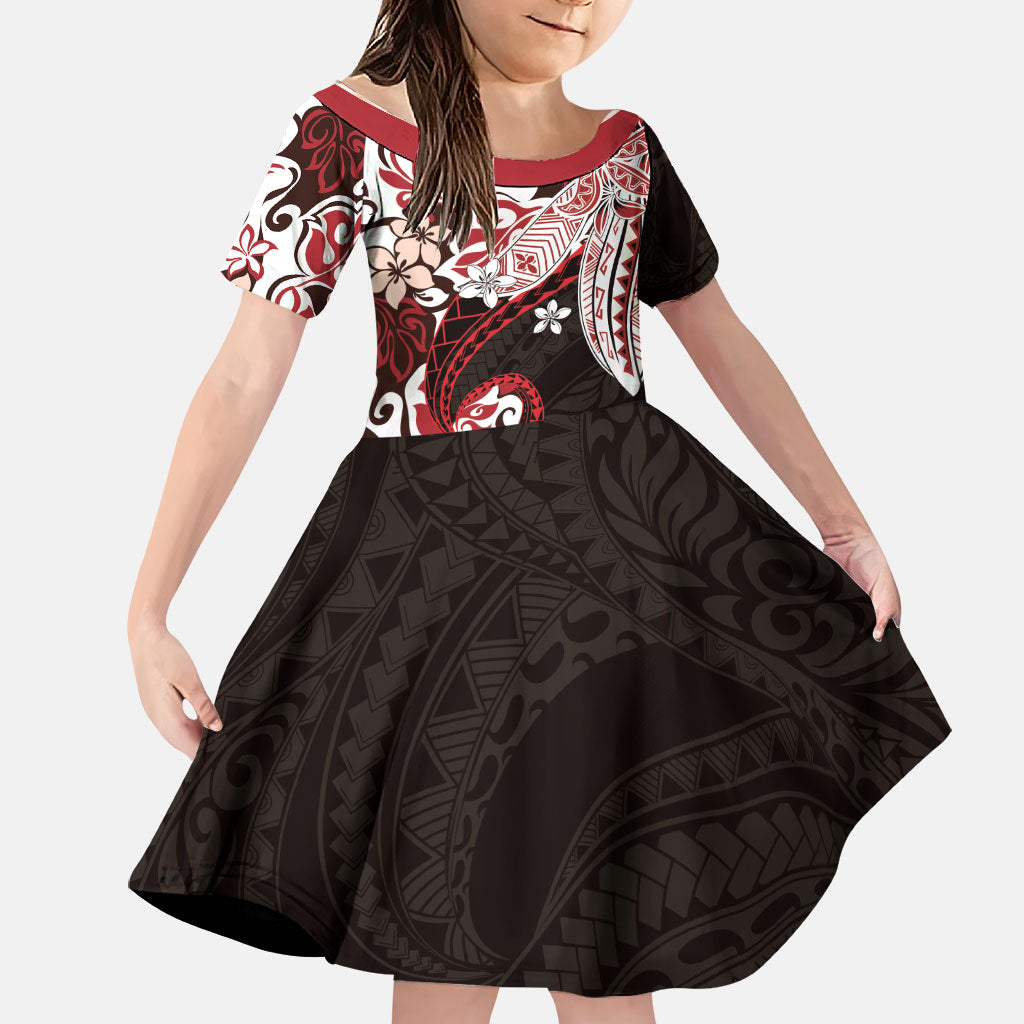 Monstera Plumeria Flowers Red Family Matching Off Shoulder Short Dress and Hawaiian Shirt Polynesian Pattern LT01 Daughter's Dress Red - Polynesian Pride