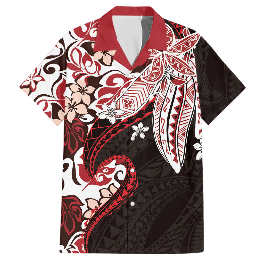 Monstera Plumeria Flowers Red Family Matching Off Shoulder Short Dress and Hawaiian Shirt Polynesian Pattern LT01 Dad's Shirt - Short Sleeve Red - Polynesian Pride