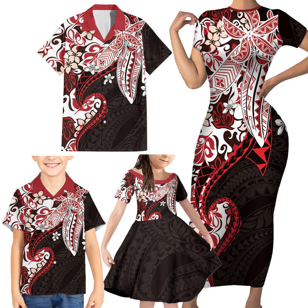 Monstera Plumeria Flowers Red Family Matching Short Sleeve Bodycon Dress and Hawaiian Shirt Polynesian Pattern LT01 - Polynesian Pride