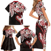 Monstera Plumeria Flowers Red Family Matching Short Sleeve Bodycon Dress and Hawaiian Shirt Polynesian Pattern LT01 - Polynesian Pride
