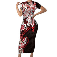 Monstera Plumeria Flowers Red Family Matching Short Sleeve Bodycon Dress and Hawaiian Shirt Polynesian Pattern LT01 Mom's Dress Red - Polynesian Pride