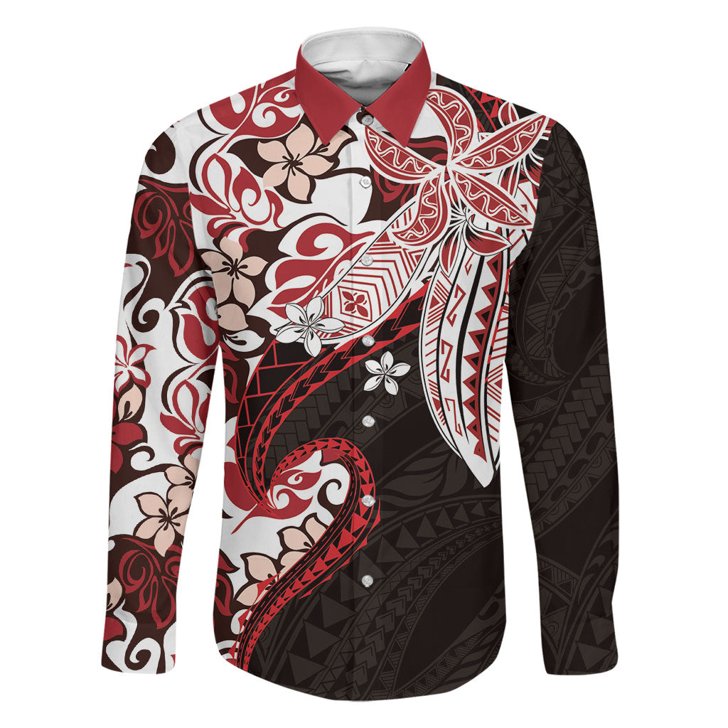 Monstera Plumeria Flowers Red Family Matching Summer Maxi Dress and Hawaiian Shirt Polynesian Pattern LT01 Dad's Shirt - Long Sleeve Red - Polynesian Pride