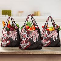 Monstera Plumeria Flowers Red Grocery Bag Polynesian Pattern