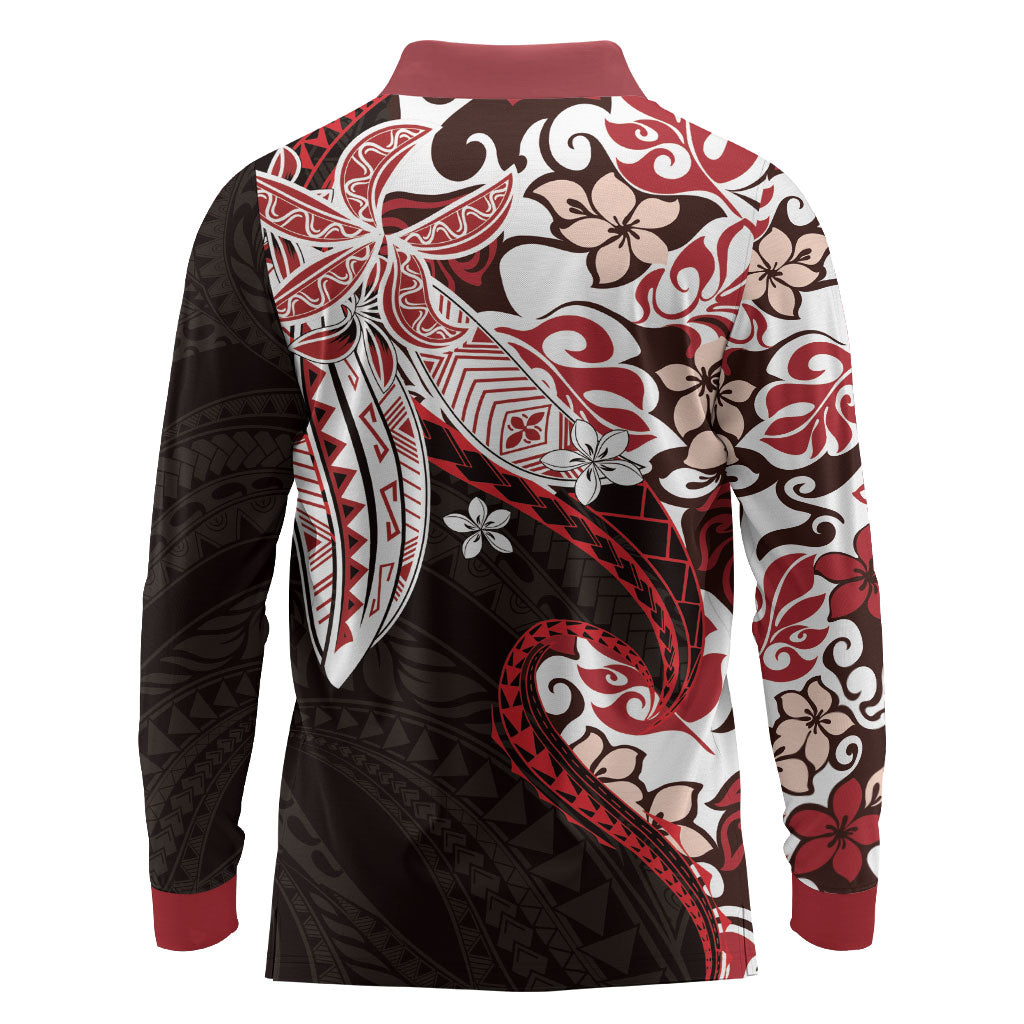 Monstera Plumeria Flowers Red Long Sleeve Polo Shirt Polynesian Pattern