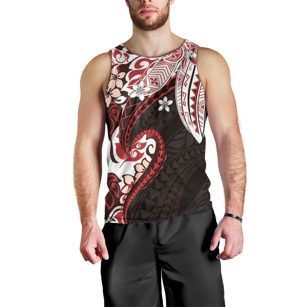 Monstera Plumeria Flowers Red Men Tank Top Polynesian Pattern