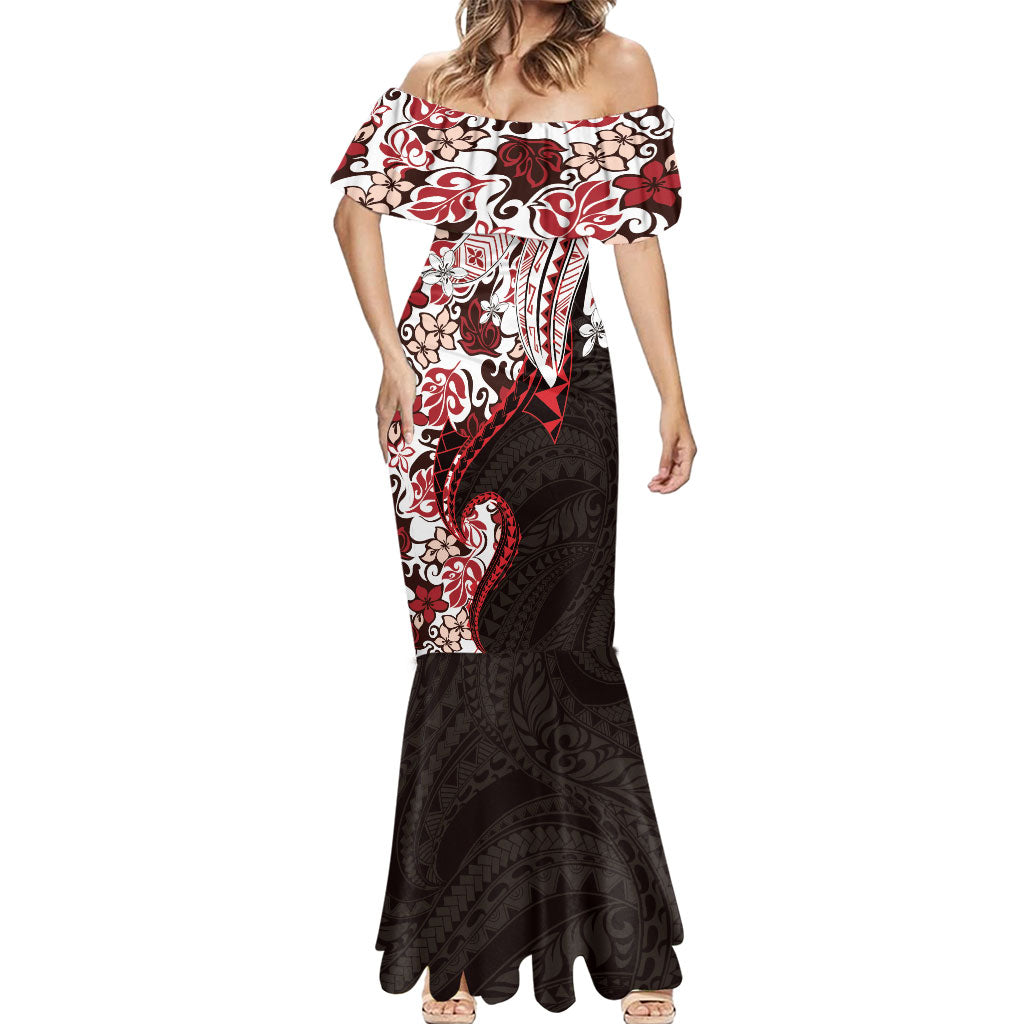 Monstera Plumeria Flowers Red Mermaid Dress Polynesian Pattern LT01 - Polynesian Pride
