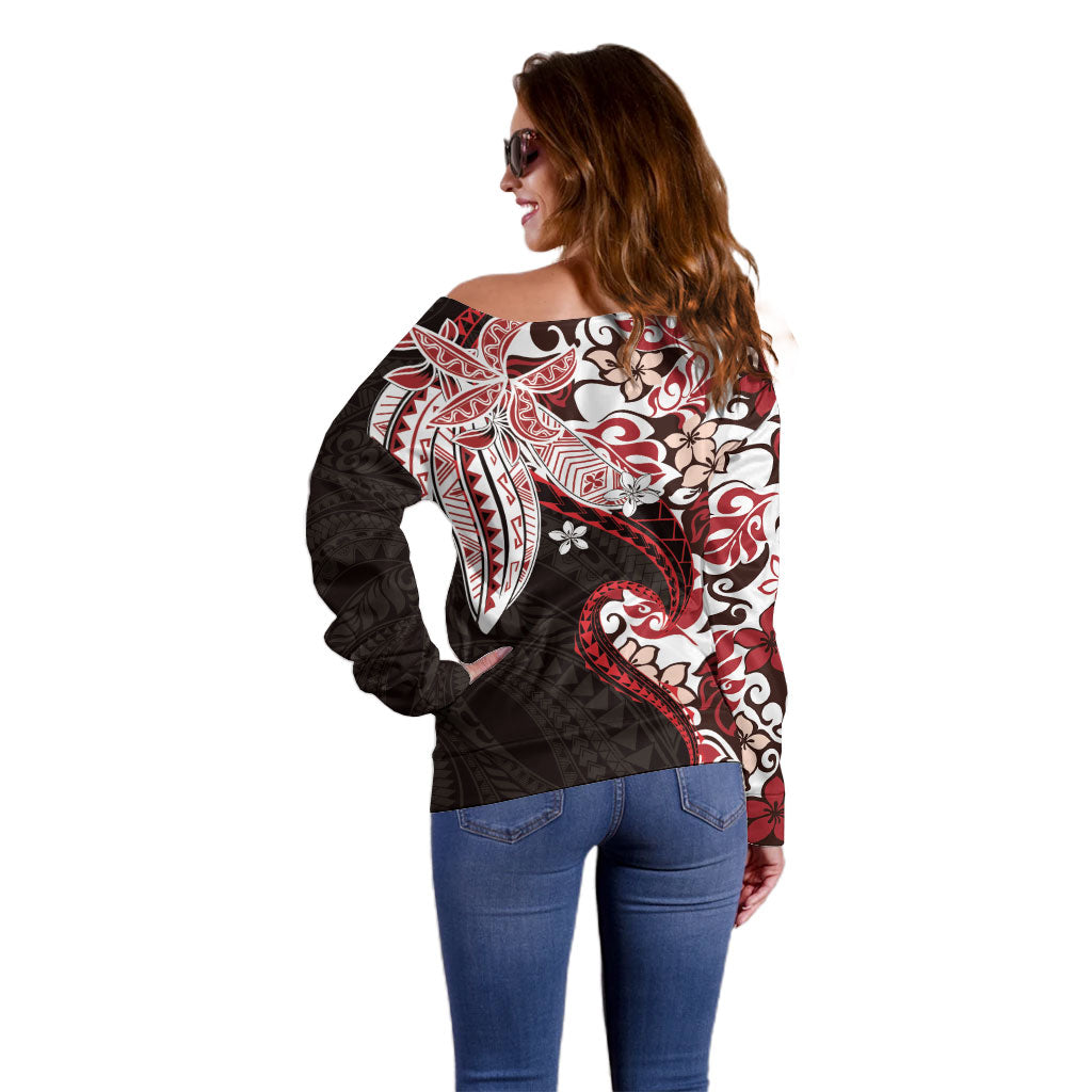 Monstera Plumeria Flowers Red Off Shoulder Sweater Polynesian Pattern