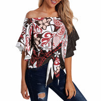Monstera Plumeria Flowers Red Off Shoulder Wrap Waist Top Polynesian Pattern LT01 - Polynesian Pride