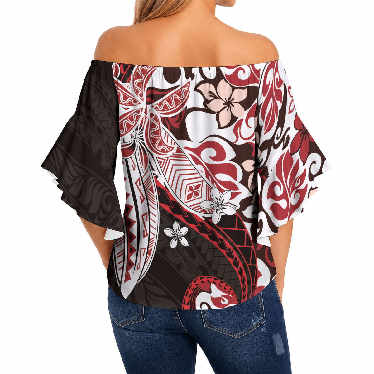 Monstera Plumeria Flowers Red Off Shoulder Wrap Waist Top Polynesian Pattern LT01 - Polynesian Pride