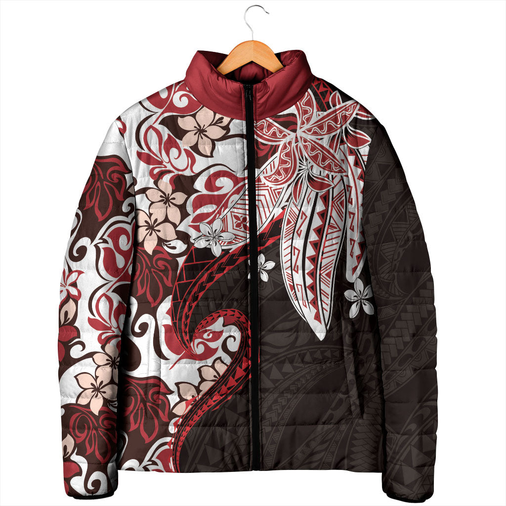 Monstera Plumeria Flowers Red Padded Jacket Polynesian Pattern