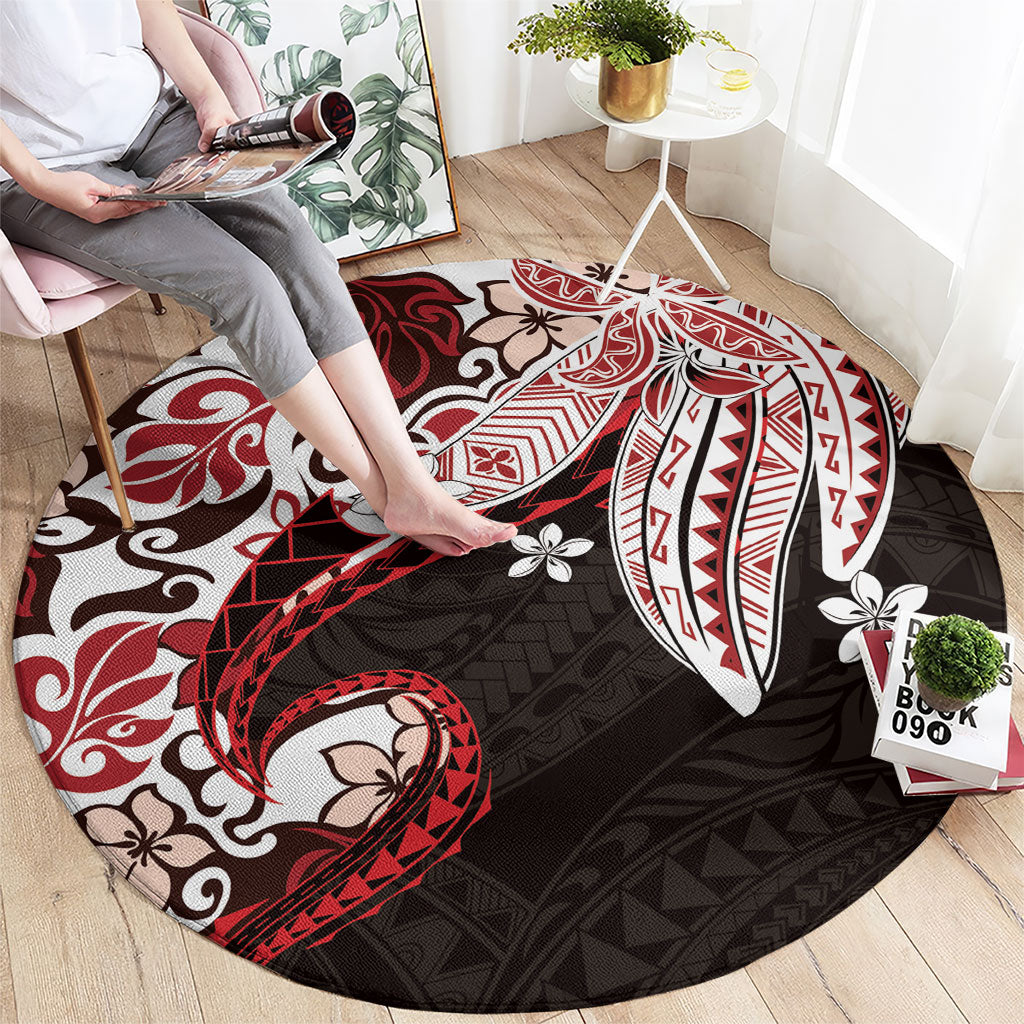 Monstera Plumeria Flowers Red Round Carpet Polynesian Pattern