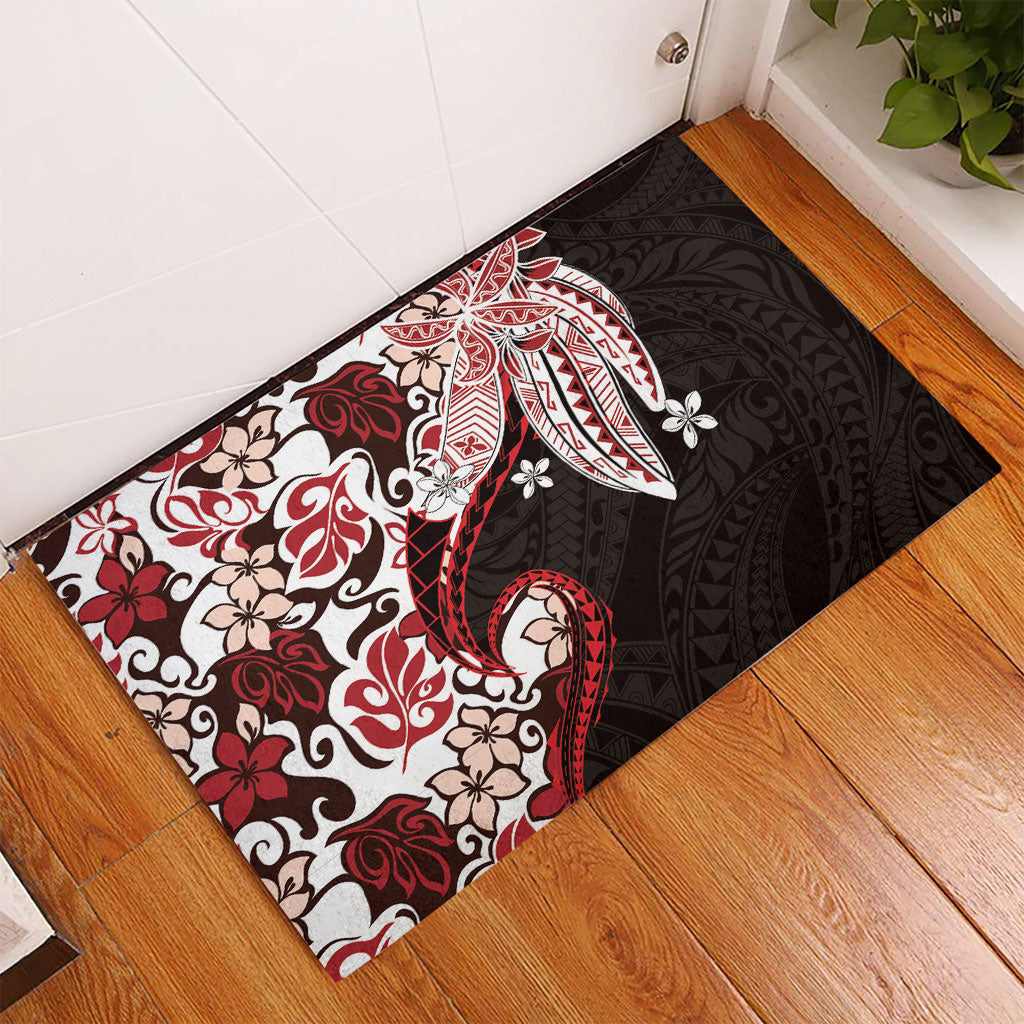 Monstera Plumeria Flowers Red Rubber Doormat Polynesian Pattern