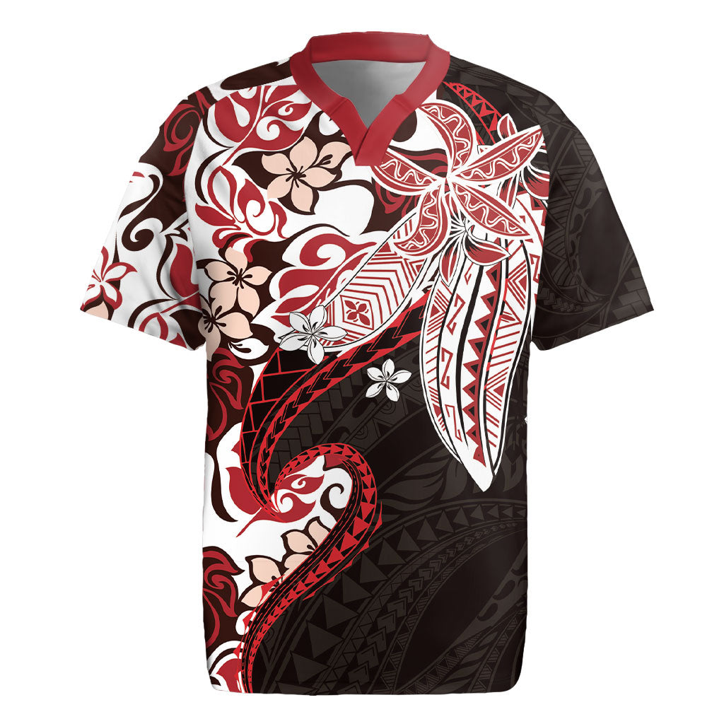 Monstera Plumeria Flowers Red Rugby Jersey Polynesian Pattern
