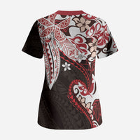 Monstera Plumeria Flowers Red Scrub Top Polynesian Pattern