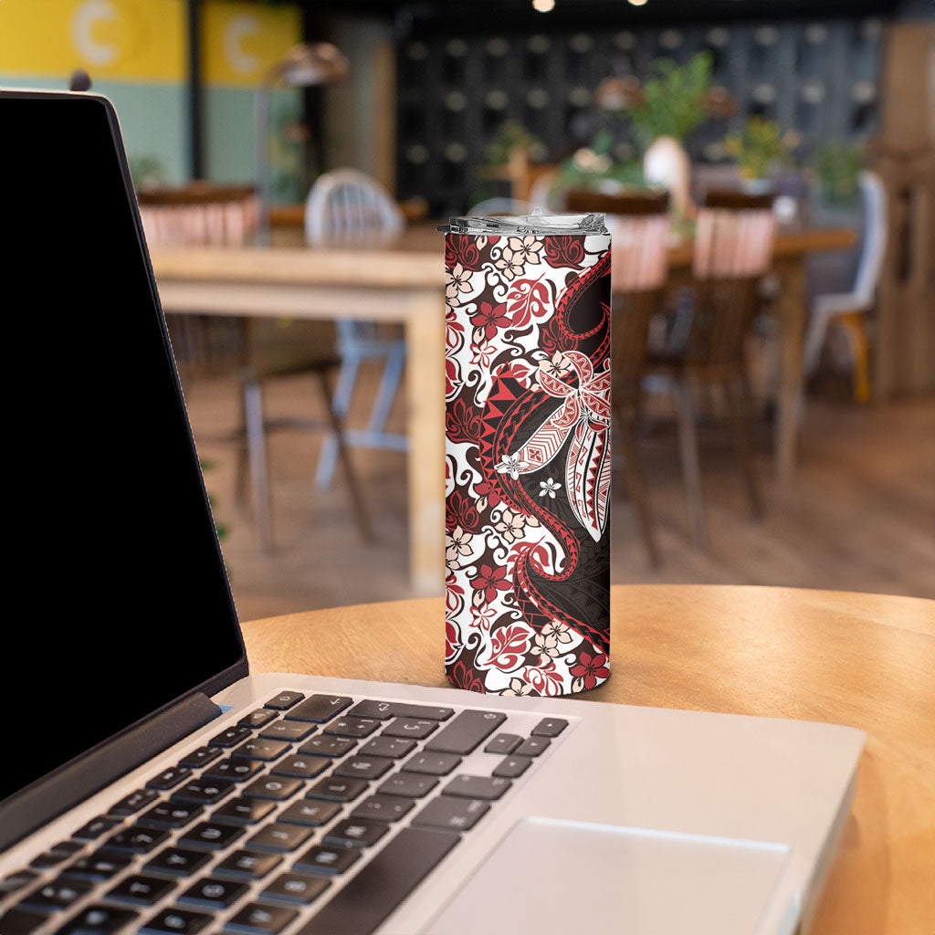 Monstera Plumeria Flowers Red Skinny Tumbler Polynesian Pattern